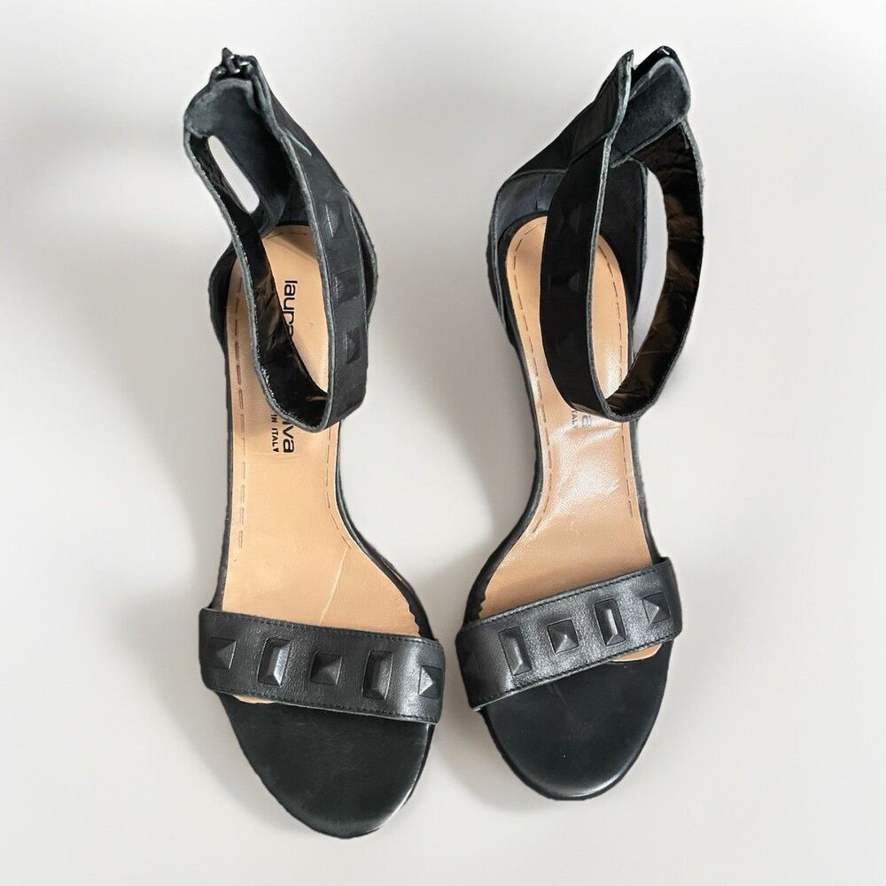Laura Bellariva Black Leather Studded Platform Sandals Zip Italy Sz 8.5 Eur 38.5